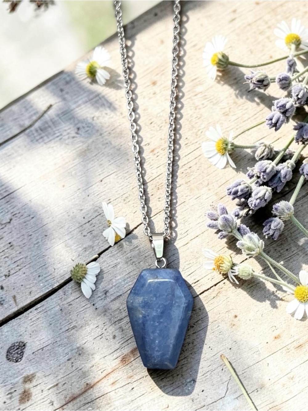BLUE AVENTURINE natural stone coffin pendant necklace with silver chain NEW